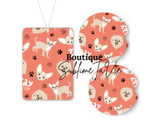 Désodorisant et sous verres de voiture chien