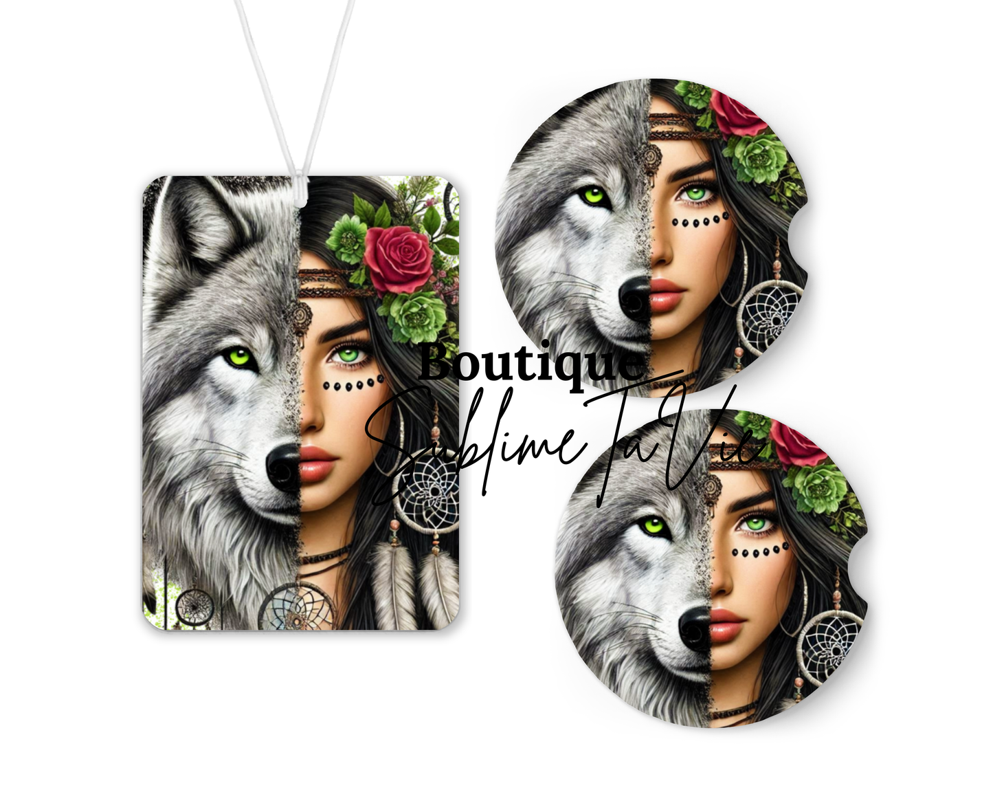 Désodorisants et sous verres de voiture femme loup